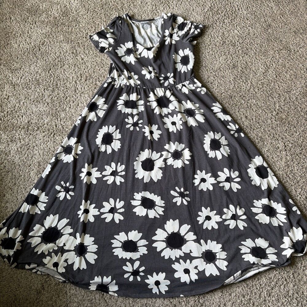LuLaRoe women Riley-Cap Sleeve-Stretchy Maxi Dress Size XL Gray Black Daisy